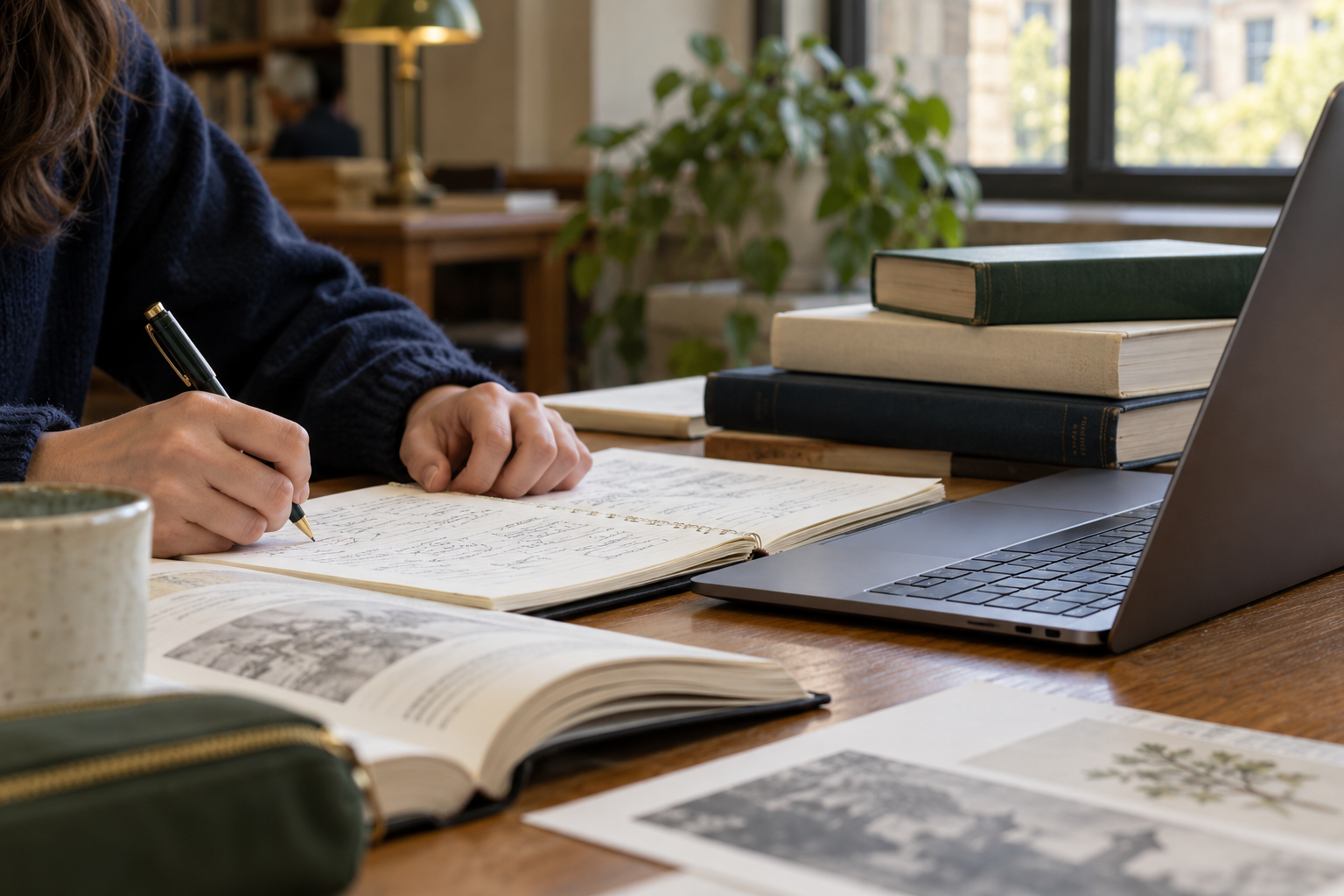 Research notes, reference books and a laptop on a university study desk